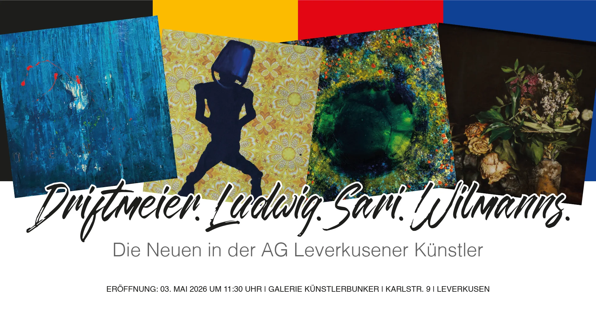 Driftmeier.Ludwig.Sari.Wilmanns. Die Neuen in der AG Leverkusener Künstler Eröffnung: 03. Mai 2026 um 11:30 Uhr | Galerie Künstlerbunker | Karlstr. 9 | Leverkusen