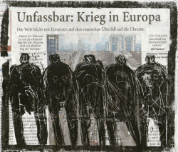 Unfassbar!
Linoldruck auf Zeitung Michael Becker, Potshausen